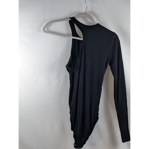 Bodysuit Asymmetrical One Sleeve Wild Fable Black Ribbed Snap Crotch Small Crew - Picture 4 of 8